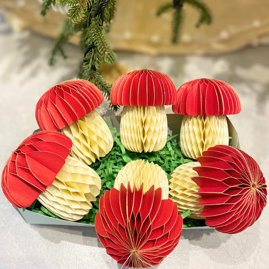 Red & Off-White Two Tone Paper Mushroom Decoration Set of 6