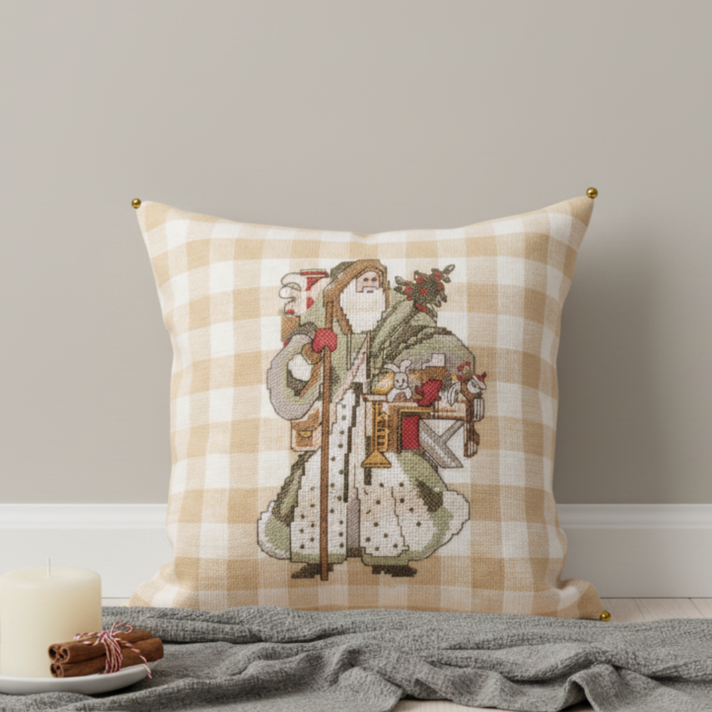 Christmas - Cushion Covers (16"X16") gingham backdrop, embroidered Vintage Santa
