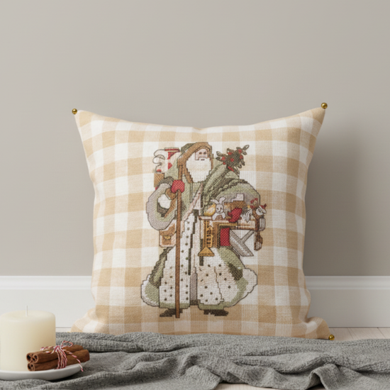 Christmas - Cushion Covers (16"X16") gingham backdrop, embroidered Vintage Santa