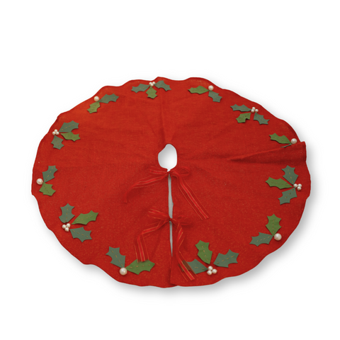 Red Tree Skirt with holly leaves & Pearls