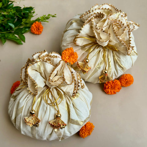 Ivory Gold-Striped Potli Bags (Single Piece)