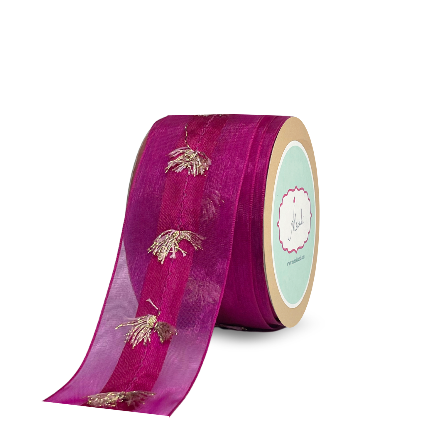 Magenta Sheer Ribbon with Gold Tassel Fringe