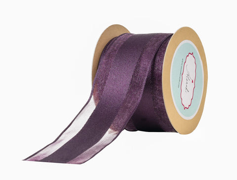 Plum Sheer Wired Ribbon With Satin Centre