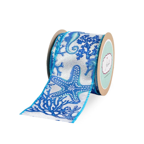 Ocean Blue Starfish & Red Coral Seahorse Coastal Ribbon