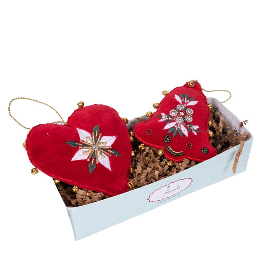 Heart & Bell Shaped Embroidered Ornaments